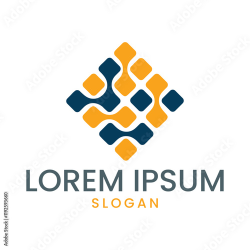 vector image presents a modern and abstract logo design. The central graphic is a diamond or square shape formed by interconnected, rounded squares or rectangles in alternating dark blue/teal and gold