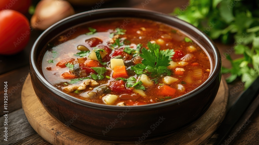 Vegetarian Lentil Soup in a Bowl Garnished with Fresh Herbs on Rustic Wooden Background Ideal for Restaurant Menu or Culinary Promotions Vegetarian Lentil Soup in a Bowl Garnished with Fresh Herbs on Rustic Wooden Background Ideal for Restaurant Menu or Culinary Promotions