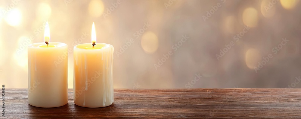 Valentine candles idea. Two glowing candles on a wooden surface, creating a warm, inviting atmosphere. Valentine candles idea. Two glowing candles on a wooden surface, creating a warm, inviting atmosphere.