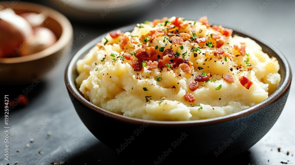 Alpine Inspired Mashed Potatoes Topped with Crispy Bacon Bits and Fresh Herbs in a Rustic Bowl Alpine Inspired Mashed Potatoes Topped with Crispy Bacon Bits and Fresh Herbs in a Rustic Bowl