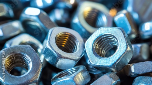 Metal nuts fasteners densely packed on a textured background showcasing industrial hardware and engineering supplies. photo