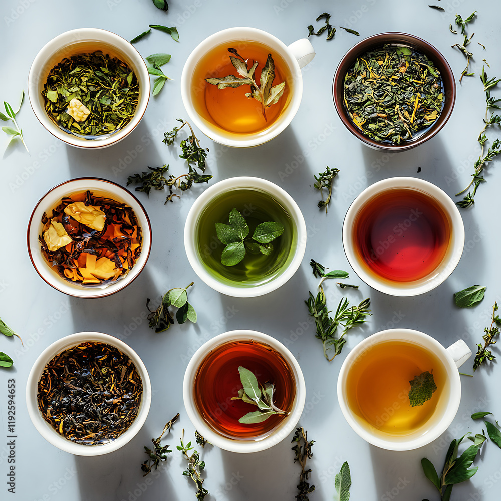 vibrant display of various tea cups filled with different types of tea, showcasing range of colors and ingredients. arrangement highlights beauty of herbal and traditional teas vibrant display of various tea cups filled with different types of tea, showcasing range of colors and ingredients. arrangement highlights beauty of herbal and traditional teas