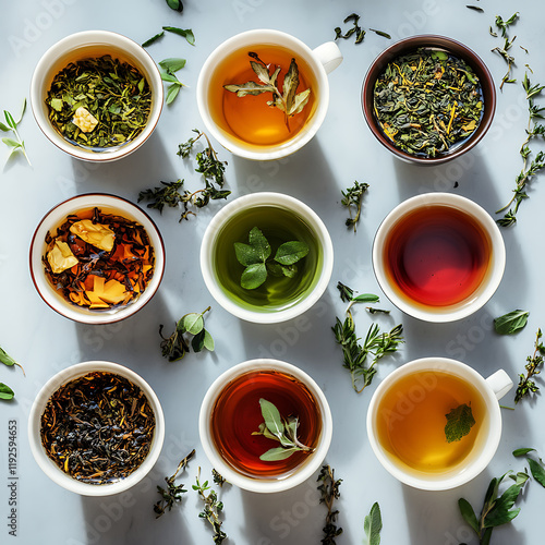 vibrant display of various tea cups filled with different types of tea, showcasing range of colors and ingredients. arrangement highlights beauty of herbal and traditional teas
