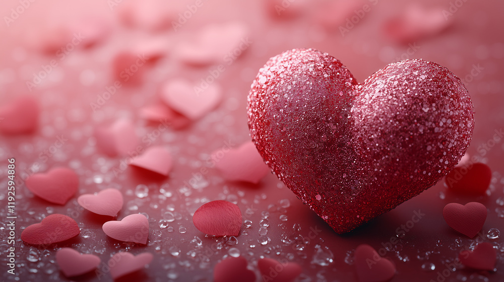 Fototapeta premium Romantic Valentine's Day Background with Dewy Red Heart and Petals