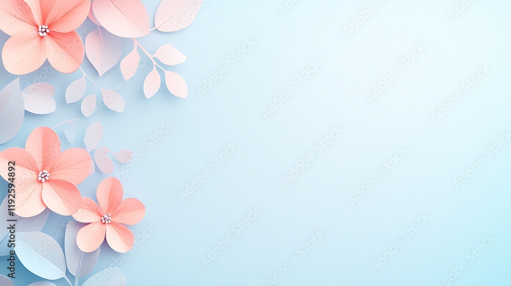 Pastel Paper Flowers and Leaves on Light Blue Background Pastel Paper Flowers and Leaves on Light Blue Background