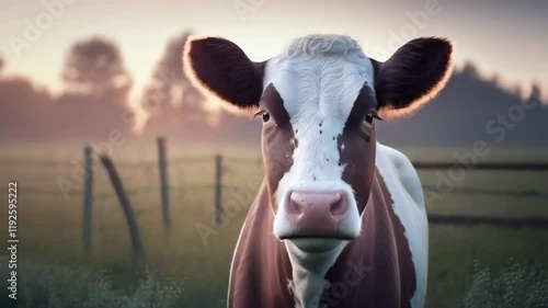 A domestic cow is grazing in a meadow photo