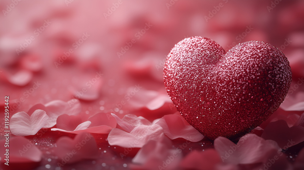 Fototapeta premium Romantic Valentine's Day Background with Dewy Red Heart and Petals