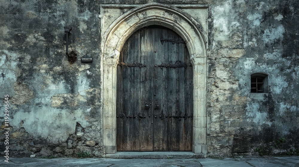 Ancient wooden door with stone archway in a weathered fortress wall showcasing historical architecture and timeless design elements Ancient wooden door with stone archway in a weathered fortress wall showcasing historical architecture and timeless design elements
