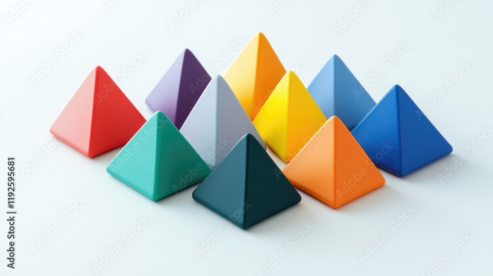 Obraz premium Vibrant pyramid shaped building blocks arranged on a clean white background for educational and creative play concepts.