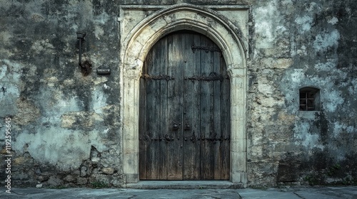 Wallpaper Mural Ancient wooden door with stone archway in a weathered fortress wall showcasing historical architecture and timeless design elements Torontodigital.ca