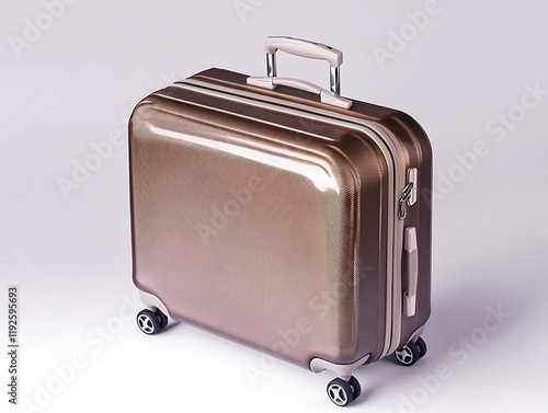 Modern suitcase with visible wheels and a smooth surface, isolated on a clean white background. photo