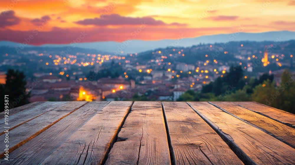 Fototapeta premium Wooden tabletop against a blurred sunset city skyline with glowing lights creating a warm atmospheric background for presentation or display