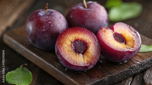 Freshly washed ripe black plums on a wooden cutting board showcasing their juicy interior and vibrant color with green leaves around. photo