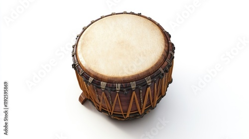 Traditional hand-crafted drum with intricate detailing on wooden body isolated on white background suitable for music and cultural themes photo