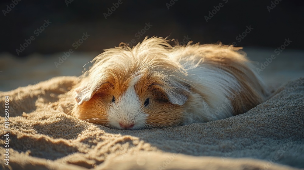 Naklejka premium Domestic guinea pig with long white and brown fur peacefully resting on soft sandy surface in a warm natural setting.