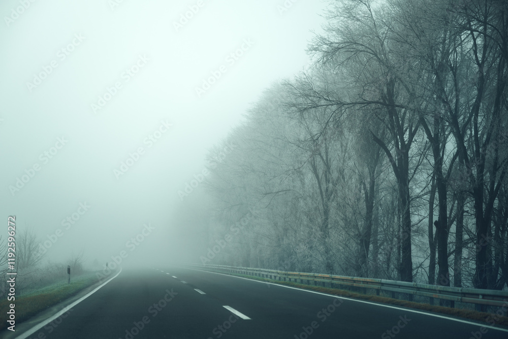 Empty countryside road in foggy winter morning