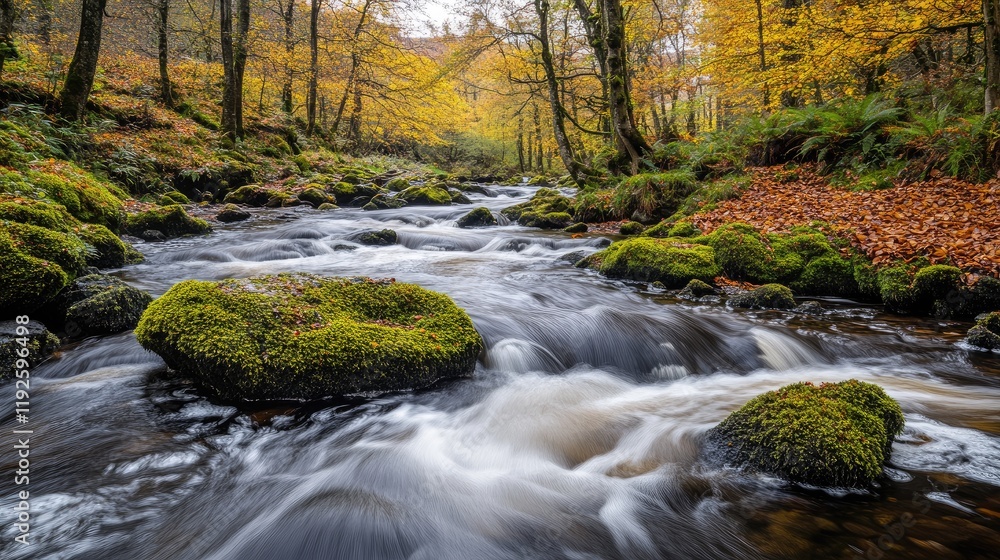 Autumn forest stream with mossy rocks flowing through vibrant woodland landscape reflecting seasonal colors and tranquility Autumn forest stream with mossy rocks flowing through vibrant woodland landscape reflecting seasonal colors and tranquility