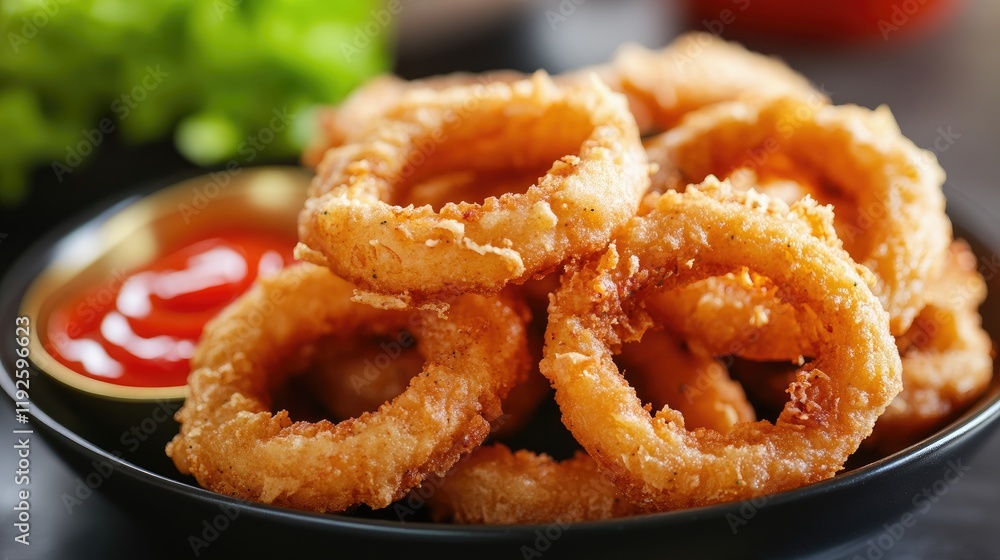 Homemade Crunchy Fried Onion Rings Served with Ketchup on a Black Plate with Fresh Greens Background Homemade Crunchy Fried Onion Rings Served with Ketchup on a Black Plate with Fresh Greens Background