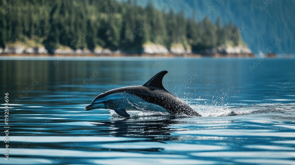 Fototapeta premium Dolphin Leaping Above Serene Waters in Natural Habitat Under Clear Blue Sky