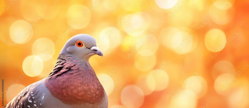 Close up portrait of a cute brown dove with orange eyes against a soft golden bokeh background with space for text or design elements Close up portrait of a cute brown dove with orange eyes against a soft golden bokeh background with space for text or design elements