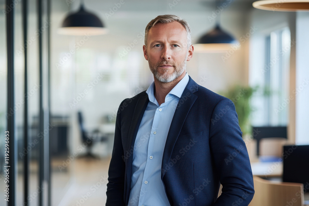 Fototapeta premium confident businessman in modern office setting, wearing suit and looking directly at camera, exuding professionalism and charisma