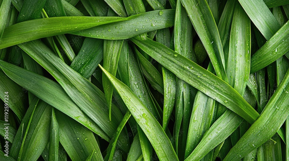 Fototapeta premium Fresh green grass blades with water droplets in a close-up nature background highlighting dew and lush vegetation textures.
