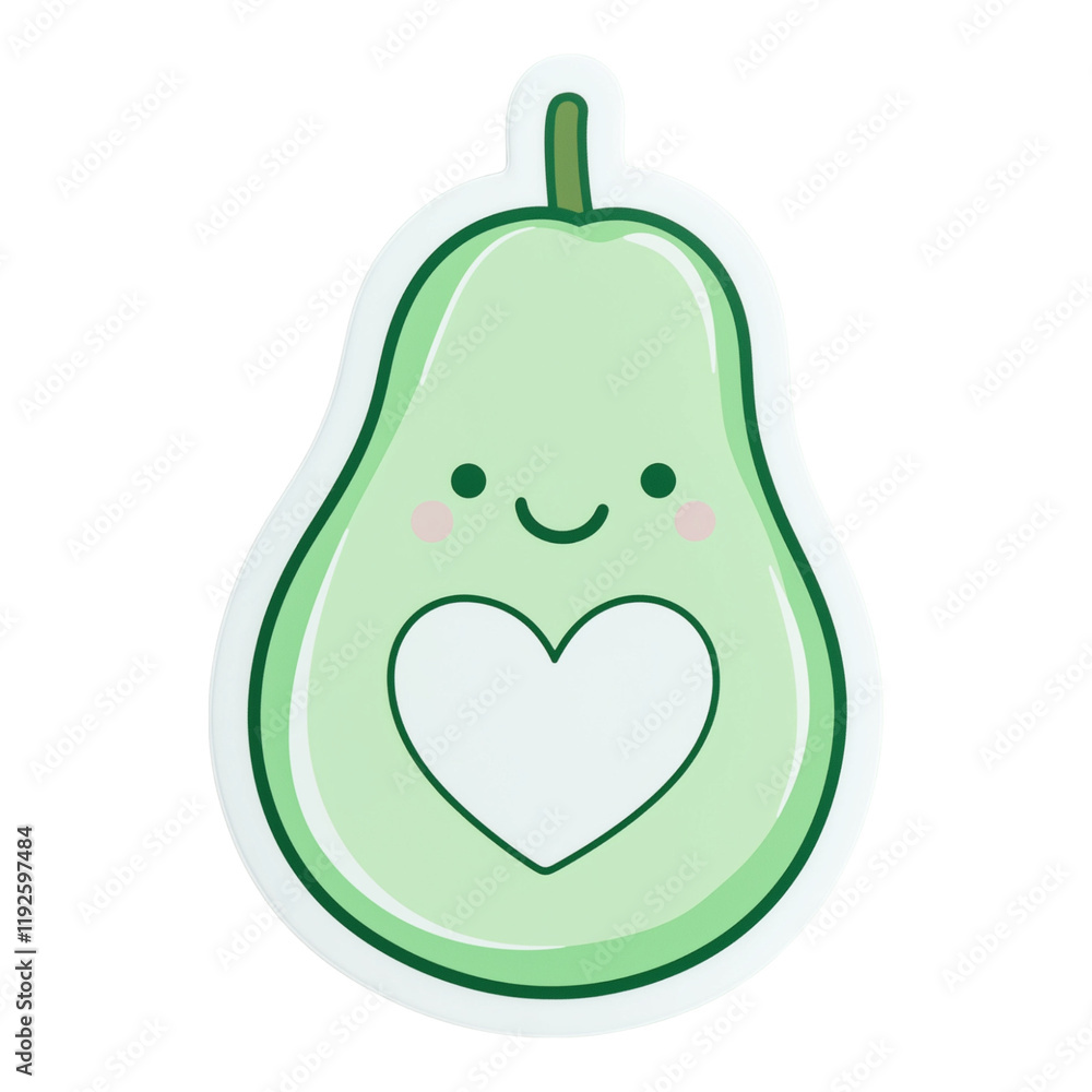 Sticker, a 2D smiling avocado with a pit heart, bold white outline on a light green solid background Sticker, a 2D smiling avocado with a pit heart, bold white outline on a light green solid background