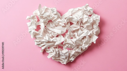 Crumpled heart shaped paper on pink background creating a unique and artistic Valentine card concept for love and romance themes photo