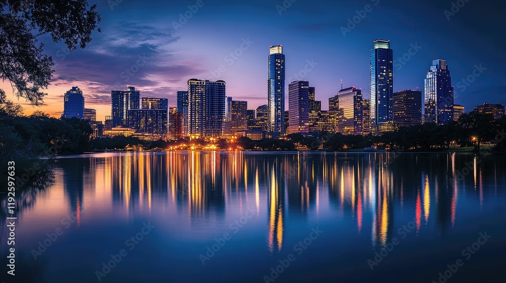 Fototapeta premium Panoramic view of a vibrant city skyline at dusk with reflections on a tranquil lake surface in a serene urban setting