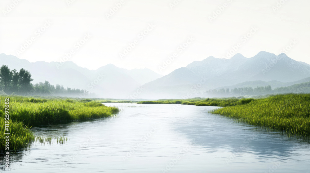 big beautiful river flows through lush alpine meadow, surrounded by majestic mountains and serene greenery, creating peaceful and tranquil landscape big beautiful river flows through lush alpine meadow, surrounded by majestic mountains and serene greenery, creating peaceful and tranquil landscape