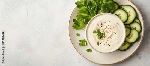 Fresh cucumbers with creamy tahini sauce served on a plate with green herbs and ample space for text or branding purposes.