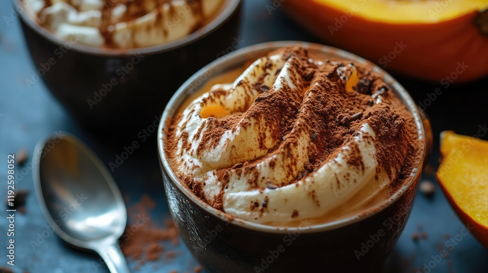 Close up of spiced tiramisu cup with whipped cream and winter squash on the table showcasing seasonal dessert appeal Close up of spiced tiramisu cup with whipped cream and winter squash on the table showcasing seasonal dessert appeal