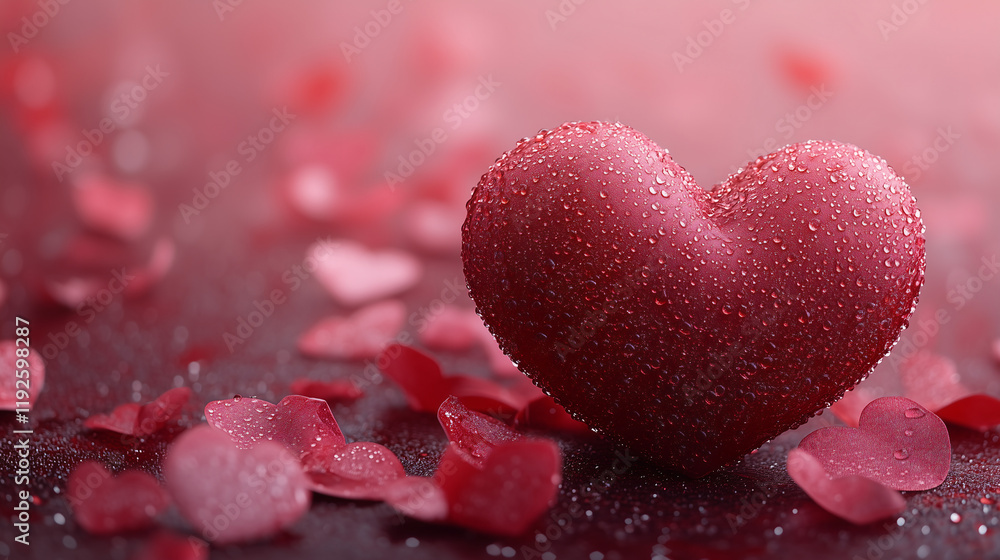 Obraz premium Romantic Valentine's Day Background with Dewy Red Heart and Petals