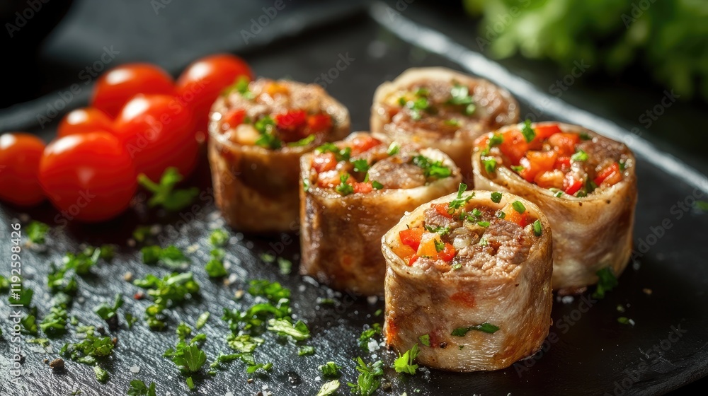 Savory meat and vegetable canapés elegantly arranged on a black slate platter, garnished with fresh herbs and cherry tomatoes. Savory meat and vegetable canapés elegantly arranged on a black slate platter, garnished with fresh herbs and cherry tomatoes.
