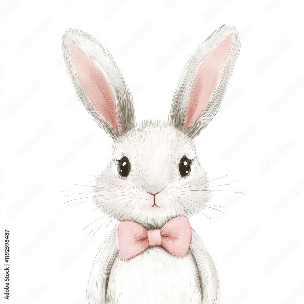 Obraz premium Cute illustrated white rabbit wearing a pink bow tie standing against a plain background. Generative AI