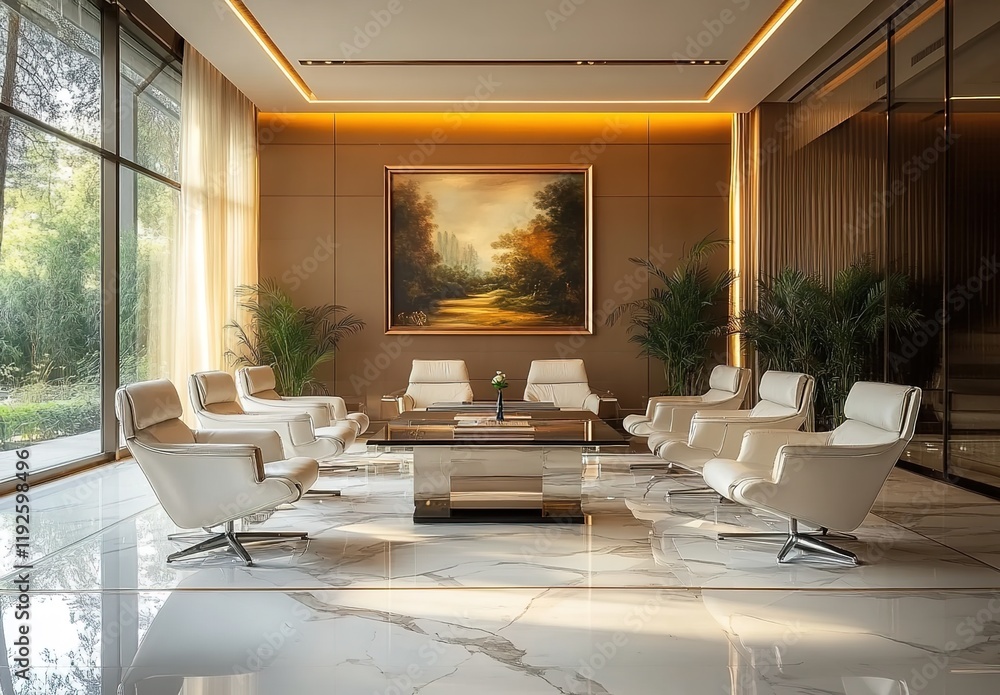 Fototapeta premium A modern luxury office with large windows, white leather chairs, and marble floors.