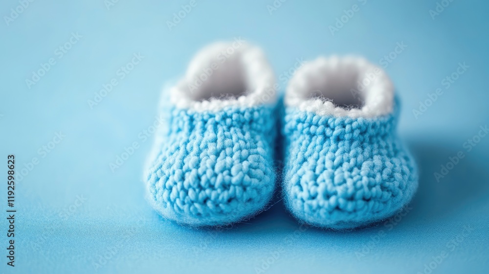 Knitted baby booties for newborns on a soft blue background showcasing the warmth and comfort of early childhood attire. Knitted baby booties for newborns on a soft blue background showcasing the warmth and comfort of early childhood attire.
