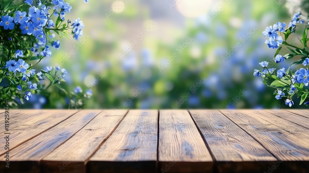 Wooden Tabletop with Blurred Blue Floral Background Ideal for Product Presentation and Display in Fresh Nature Setting