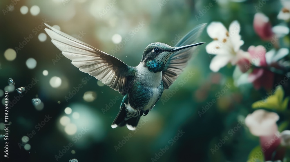 Naklejka premium Vibrant Hummingbird in Motion Captured Among Delicate Flowers with Glowing Light Effects