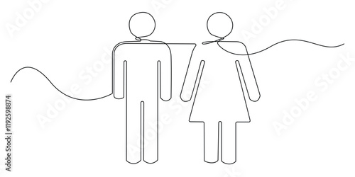 continuous line drawing of people icons male and female signs.one line drawing of male and female icons.single line toilet sign.isolated white background