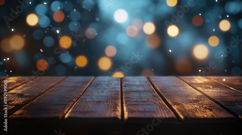 Wooden table with bokeh lights in the background creating a festive and atmospheric ambiance perfect for product displays or celebrations