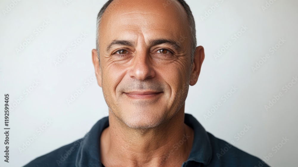 Obraz premium Handsome middle aged man smiling in a closeup portrait against a clean white background for lifestyle and personal branding concepts.