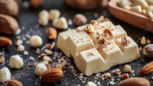 Close up of white chocolate bar with nuts and scattered almonds on rustic table background for dessert and confectionery themes photo