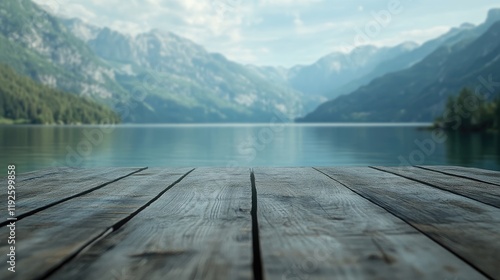 Serene Empty Wooden Table Overlooking a Tranquil Mountain Lake with Blurred Background Mountains in High Quality Photography