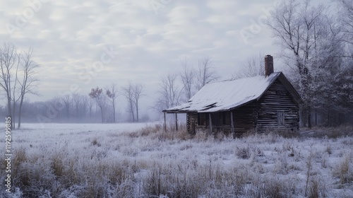 Abandoned log cabin in a winter landscape surrounded by frost-covered trees and fields creating a serene rural scene