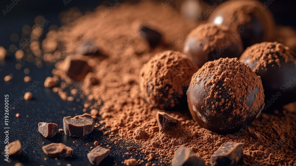 Chocolate truffles dusted with cocoa powder on a dark background showcasing a delicious dessert scene Chocolate truffles dusted with cocoa powder on a dark background showcasing a delicious dessert scene