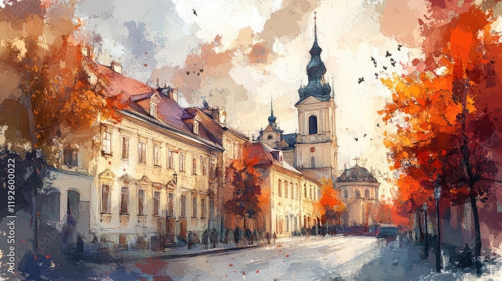 Naklejka premium Colorful autumn cityscape featuring historic architecture and a church in an old town setting under a vibrant sky with flying birds.