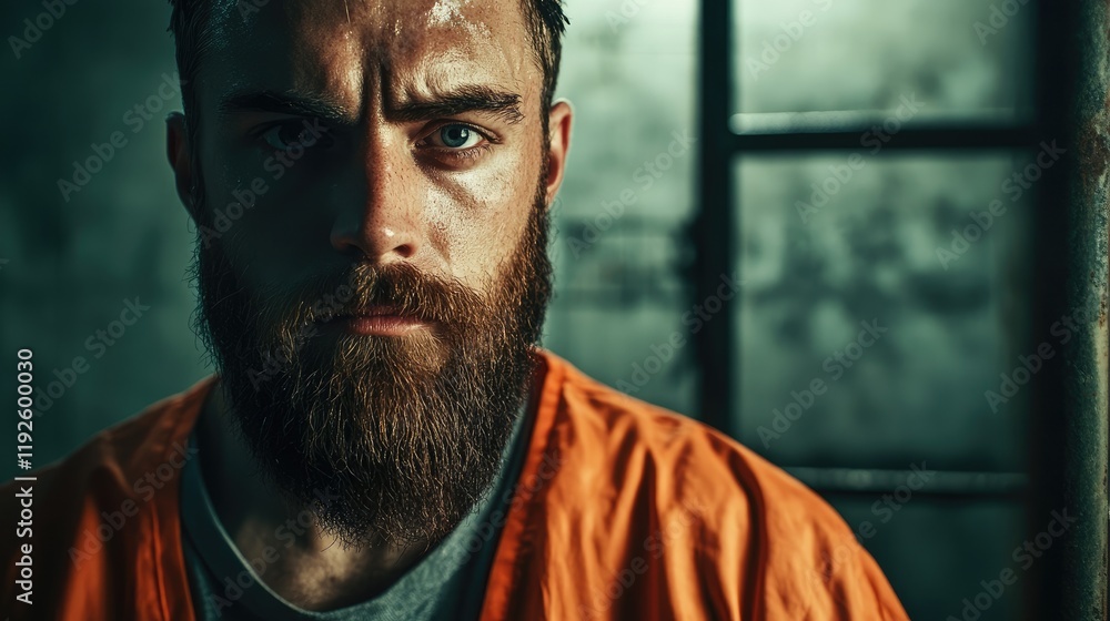 Bearded man in an orange prison jumpsuit with intense expression close-up in dark cell atmosphere emphasizing emotion and confinement Bearded man in an orange prison jumpsuit with intense expression close-up in dark cell atmosphere emphasizing emotion and confinement