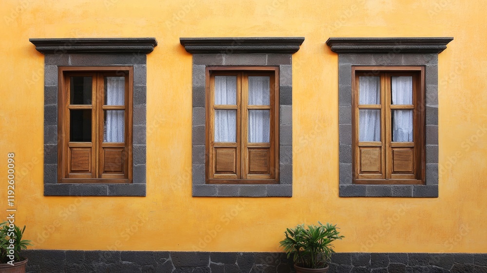 Canarian style wooden windows on a vibrant yellow building facade with decorative stone frames and soft curtains Canarian style wooden windows on a vibrant yellow building facade with decorative stone frames and soft curtains