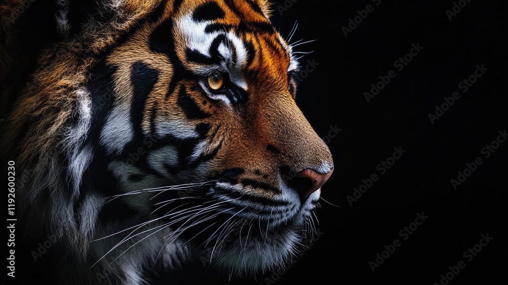 Obraz premium Majestic tiger portrait against a black background highlighting its striking features and intense gaze.